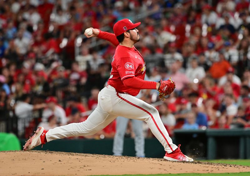 Aug 17, 2024; St. Louis, Missouri, USA;  St. Louis Cardinals pitcher JoJo Romero (59) pitches against the Los Angeles Dodgers in the eighth inning at Busch Stadium. Mandatory Credit: Tim Vizer-USA TODAY Sports