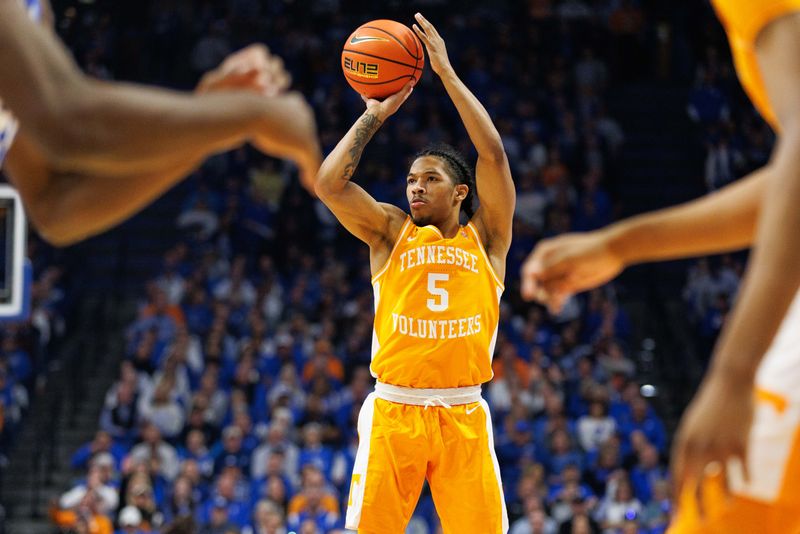 Feb 18, 2023; Lexington, Kentucky, USA; Tennessee Volunteers guard Zakai Zeigler (5) shoots the ball during the first half against the Kentucky Wildcats at Rupp Arena at Central Bank Center. Mandatory Credit: Jordan Prather-USA TODAY Sports