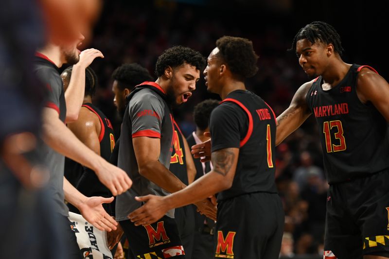 Jan 25, 2023; College Park, Maryland, USA;  Maryland Terrapins celebrates during the first half against the Wisconsin Badgers at Xfinity Center. Mandatory Credit: Tommy Gilligan-USA TODAY Sports