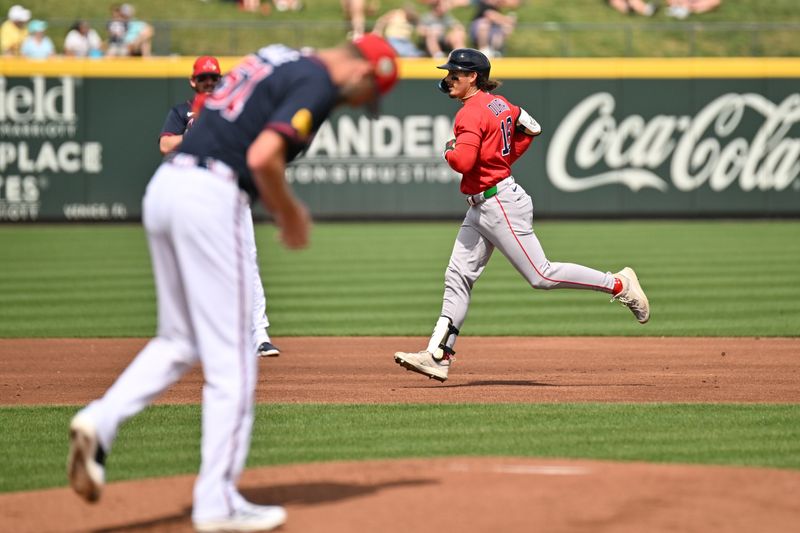 Feb 27, 2026; North Port, Florida, USA; Boston Red Sox right fielder Jarren Duran (16) rounds the bases after hitting a solo home run in the first inning against the Atlanta Braves during spring training at CoolToday Park. Mandatory Credit: Jonathan Dyer-Imagn Images