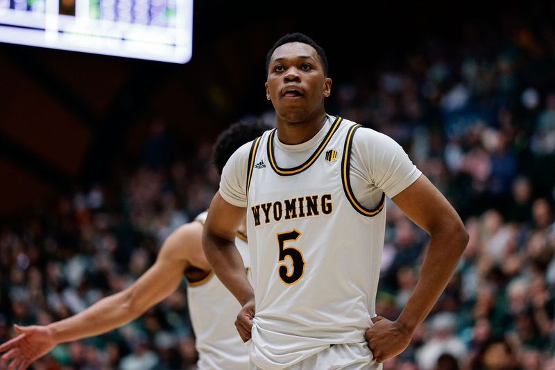 Mar 2, 2024; Fort Collins, Colorado, USA; Wyoming Cowboys forward Cam Manyawu (5) in the second half against the Colorado State Rams at Moby Arena. Mandatory Credit: Isaiah J. Downing-USA TODAY Sports