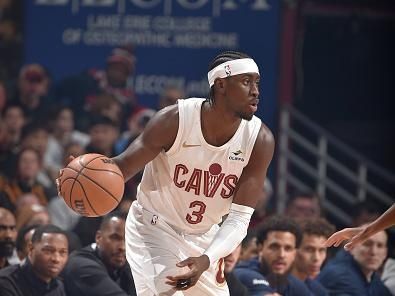 CLEVELAND, OH - December 21: Caris LeVert #3 of the Cleveland Cavaliers dribbles the ball during the game against the New Orleans Pelicans on December 21, 2023 at Rocket Mortgage FieldHouse in Cleveland, Ohio. NOTE TO USER: User expressly acknowledges and agrees that, by downloading and/or using this Photograph, user is consenting to the terms and conditions of the Getty Images License Agreement. Mandatory Copyright Notice: Copyright 2023 NBAE (Photo by David Liam Kyle/NBAE via Getty Images)