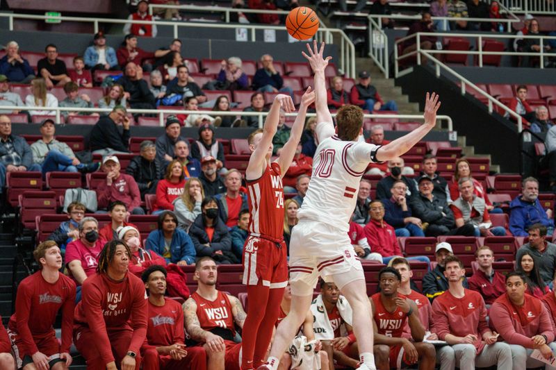 Feb 23, 2023; Stanford, California, USA;  Washington State Cougars guard Justin Powell (24) shoots a three point basket against Stanford Cardinal forward Max Murrell (10) during the second half at Maples Pavilion. Mandatory Credit: Neville E. Guard-USA TODAY Sports