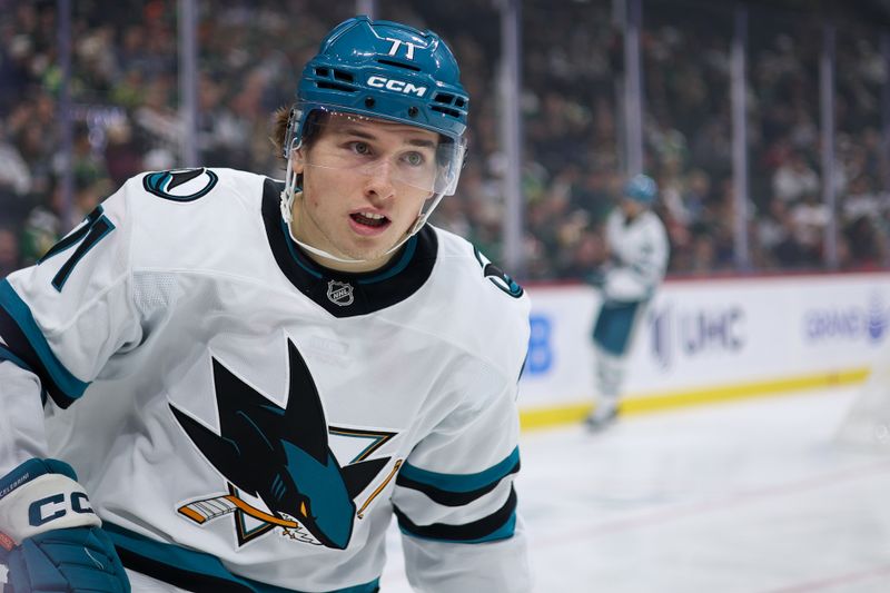 Oct 26, 2025; Saint Paul, Minnesota, USA; San Jose Sharks center Macklin Celebrini (71) skates during the first period against the Minnesota Wild at Grand Casino Arena. Mandatory Credit: Matt Krohn-Imagn Images