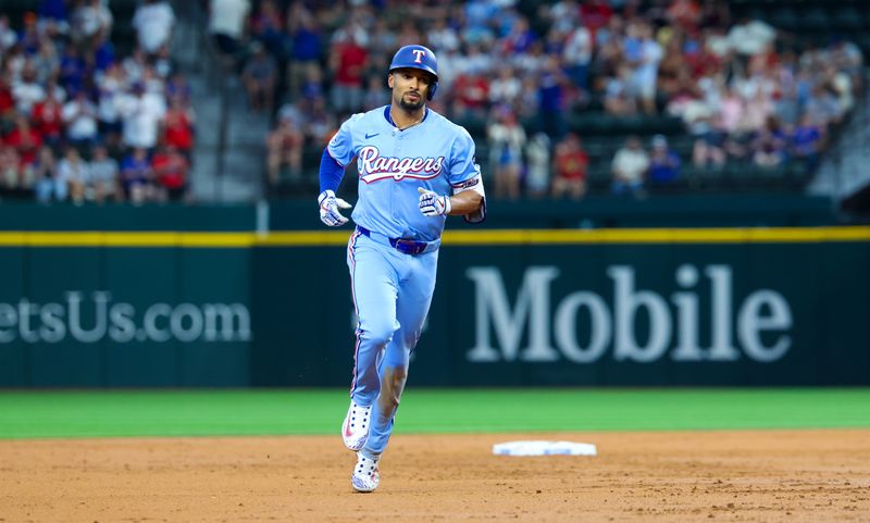 Jun 9, 2024; Arlington, Texas, USA; Texas Rangers second base Marcus Semien (2) rounds the bases after hitting a home run during the second inning against the San Francisco Giants at Globe Life Field. Mandatory Credit: Kevin Jairaj-USA TODAY Sports