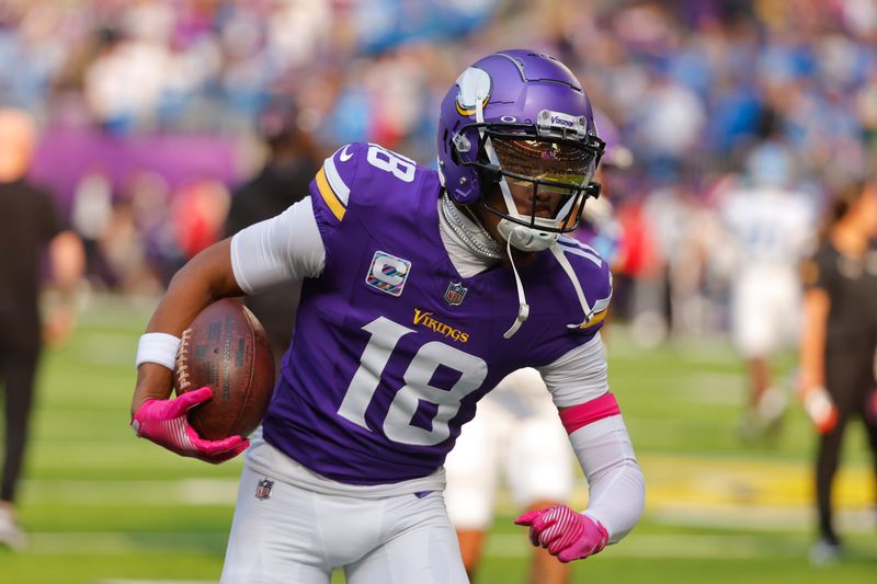 Minnesota Vikings wide receiver Justin Jefferson warms up before an NFL football game against the Detroit Lions Sunday, Oct. 20, 2024, in Minneapolis. (AP Photo/Bruce Kluckhohn)