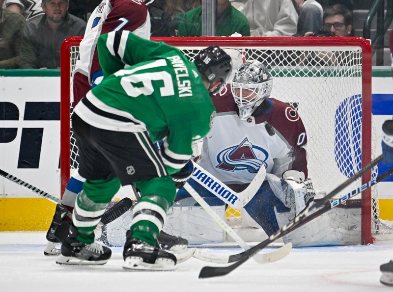 May 15, 2024; Dallas, Texas, USA; Colorado Avalanche goaltender Alexandar Georgiev (40) stops a shot by Dallas Stars center Joe Pavelski (16) during the first period in game five of the second round of the 2024 Stanley Cup Playoffs at American Airlines Center. Mandatory Credit: Jerome Miron-USA TODAY Sports