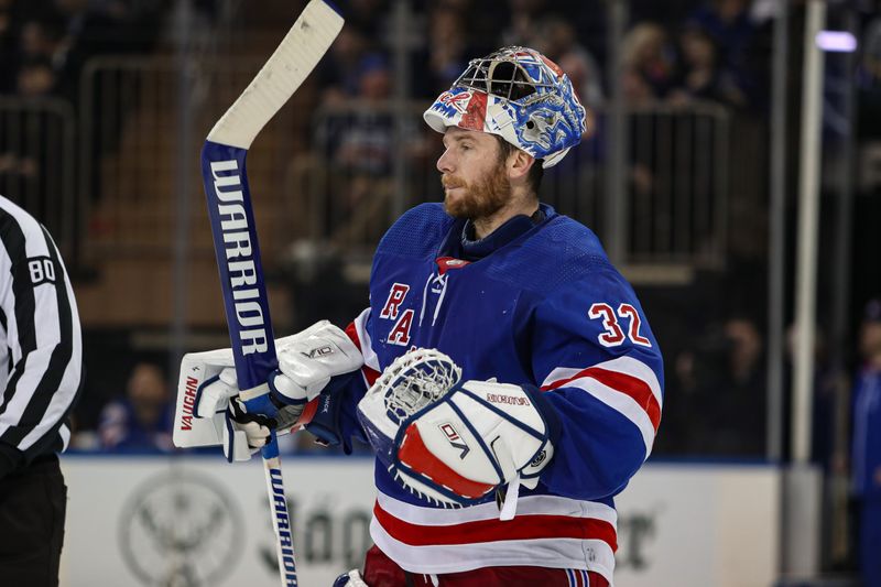 Apr 11, 2024; New York, New York, USA; New York Rangers goalie Jonathan Quick (32) skates to the bench during the second period against the Philadelphia Flyers at Madison Square Garden. Mandatory Credit: Danny Wild-USA TODAY Sports