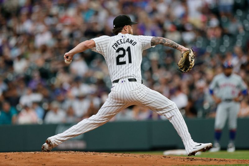 Aug 6, 2024; Denver, Colorado, USA; Colorado Rockies starting pitcher Kyle Freeland (21) pitches in the third inning against the New York Mets at Coors Field. Mandatory Credit: Isaiah J. Downing-USA TODAY Sports