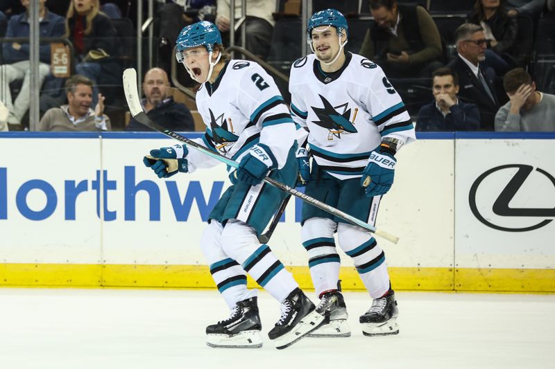 Oct 23, 2025; New York, New York, USA;  San Jose Sharks center Will Smith (2) celebrates after scoring the game winning goal in overtime against the New York Rangers at Madison Square Garden. Mandatory Credit: Wendell Cruz-Imagn Images