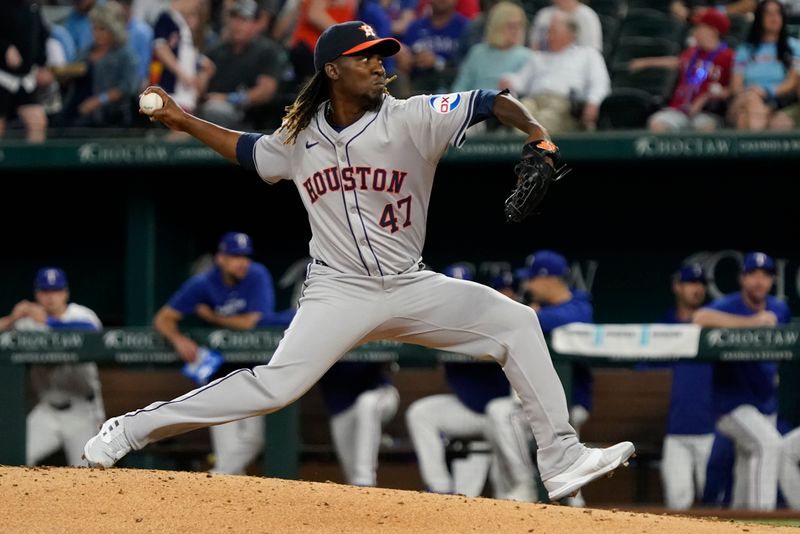 Apr 6, 2024; Arlington, Texas, USA; Houston Astros pitcher Rafael Montero (47) throws to the plate during the seventh inning against the Texas Rangers at Globe Life Field. Mandatory Credit: Raymond Carlin III-USA TODAY Sports