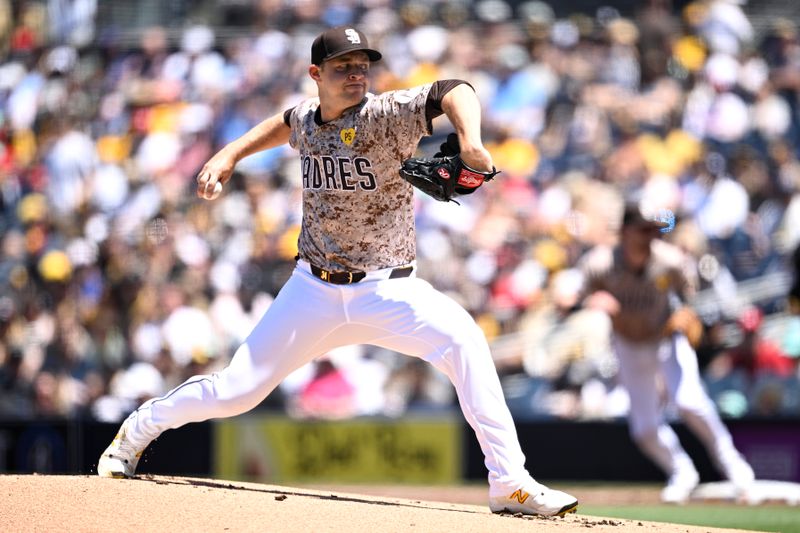 Apr 28, 2024; San Diego, California, USA; San Diego Padres starting pitcher Michael King (34) throws a pitch against the Philadelphia Phillies during the first inning at Petco Park. Mandatory Credit: Orlando Ramirez-USA TODAY Sports