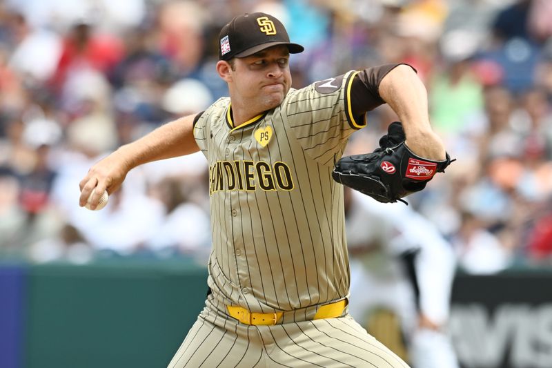 Jul 21, 2024; Cleveland, Ohio, USA; San Diego Padres starting pitcher Michael King (34) throws a pitch during the first inning against the Cleveland Guardians at Progressive Field. Mandatory Credit: Ken Blaze-USA TODAY Sports