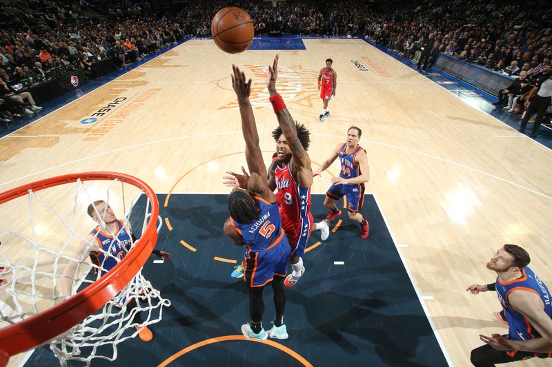 NEW YORK, NY - MARCH 10: Kelly Oubre Jr. #9 of the Philadelphia 76ers shoots the ball during the game against the New York Knicks on March 10, 2024 at Madison Square Garden in New York City, New York.  NOTE TO USER: User expressly acknowledges and agrees that, by downloading and or using this photograph, User is consenting to the terms and conditions of the Getty Images License Agreement. Mandatory Copyright Notice: Copyright 2024 NBAE  (Photo by Nathaniel S. Butler/NBAE via Getty Images)