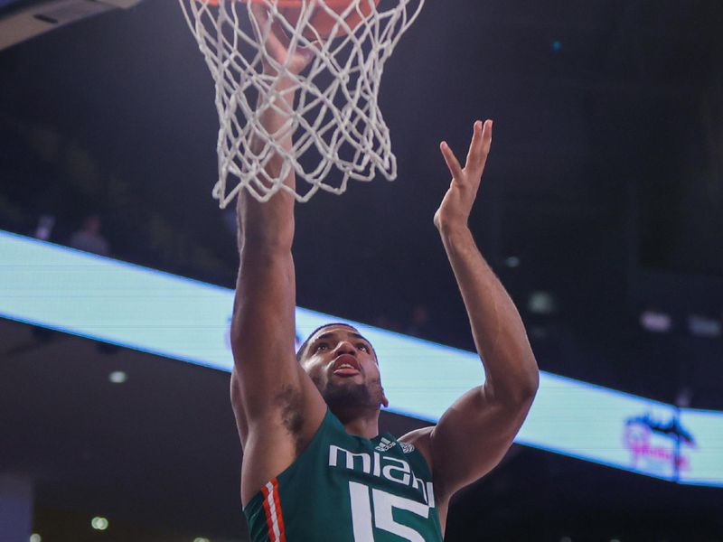 Jan 4, 2023; Atlanta, Georgia, USA; Miami Hurricanes forward Norchad Omier (15) shoots against the Georgia Tech Yellow Jackets in the first half at McCamish Pavilion. Mandatory Credit: Brett Davis-USA TODAY Sports