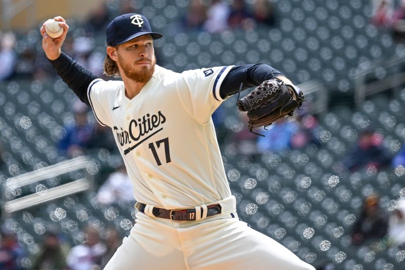 Apr 23, 2023; Minneapolis, Minnesota, USA;  Minnesota Twins pitcher Bailey Ober (17) delivers against the Washington Nationals at Target Field. Mandatory Credit: Nick Wosika-USA TODAY Sports