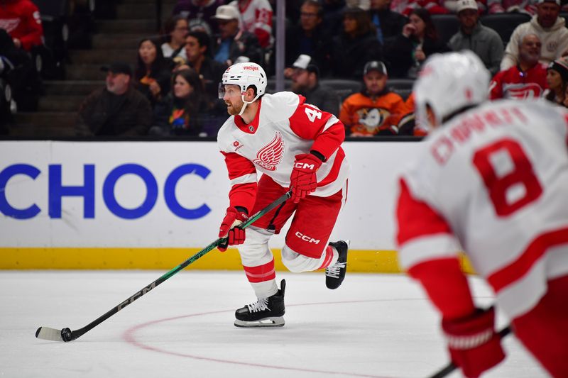 Nov 15, 2024; Anaheim, California, USA; Detroit Red Wings defenseman Jeff Petry (46) moves the puck against the Anaheim Ducks during the second period at Honda Center. Mandatory Credit: Gary A. Vasquez-Imagn Images