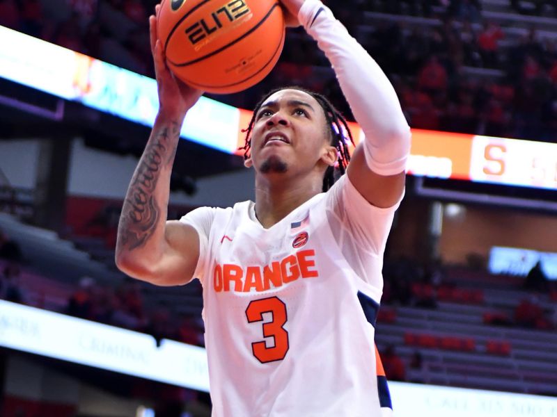 Feb 28, 2023; Syracuse, New York, USA; Syracuse Orange guard Judah Mintz (3) goes up for a shot against the Georgia Tech Yellow Jackets in the second half at the JMA Wireless Dome. Mandatory Credit: Mark Konezny-USA TODAY Sports