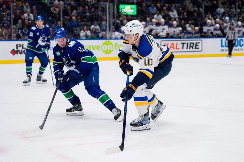 Jan 24, 2024; Vancouver, British Columbia, CAN; Vancouver Canucks defenseman Quinn Hughes (43) defends against St. Louis Blues forward Brayden Schenn (10) in overtime at Rogers Arena. Blues 4-3 in overtime. Mandatory Credit: Bob Frid-USA TODAY Sports