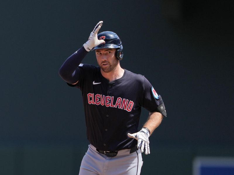 Aug 11, 2024; Minneapolis, Minnesota, USA; Cleveland Guardians first baseman David Fry (6) reacts to hitting a solo home run during the sixth inning against the Minnesota Twins at Target Field. Mandatory Credit: Jordan Johnson-USA TODAY Sports