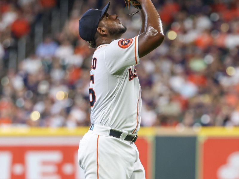 Aug 2, 2023; Houston, Texas, USA; Houston Astros starting pitcher Ronel Blanco (56) reacts after striking out Cleveland Guardians second baseman Andres Gimenez (0) (not pictured) with the bases loaded to end the top of  the second inning at Minute Maid Park. Mandatory Credit: Thomas Shea-USA TODAY Sports