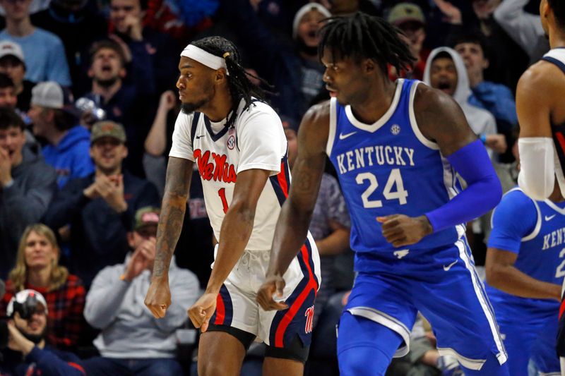 Jan 31, 2023; Oxford, Mississippi, USA; Mississippi Rebels guard Amaree Abram (1) reacts after a basket during the first half against the Kentucky Wildcats at The Sandy and John Black Pavilion at Ole Miss. Mandatory Credit: Petre Thomas-USA TODAY Sports