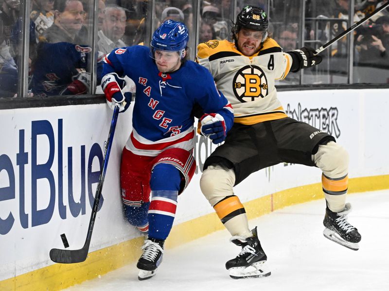 Mar 21, 2024; Boston, Massachusetts, USA; Boston Bruins right wing David Pastrnak (88) checks New York Rangers defenseman Zac Jones (6) into the boards during the third period at the TD Garden. Mandatory Credit: Brian Fluharty-USA TODAY Sports