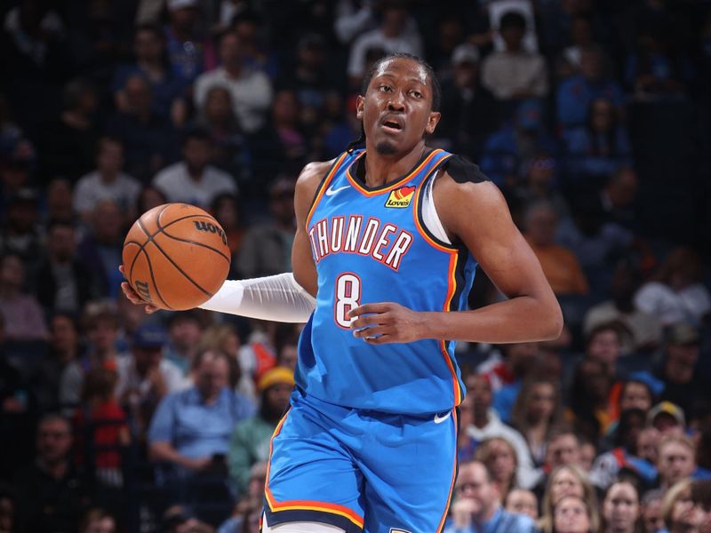 OKLAHOMA CITY, OK - NOVEMBER 13: Jalen Williams #8 of the Oklahoma City Thunder dribbles the ball during the game against the New Orleans Pelicans on November 13, 2024 at Paycom Center in Oklahoma City, Oklahoma. NOTE TO USER: User expressly acknowledges and agrees that, by downloading and or using this photograph, User is consenting to the terms and conditions of the Getty Images License Agreement. Mandatory Copyright Notice: Copyright 2024 NBAE (Photo by Nathaniel S. Butler/NBAE via Getty Images)