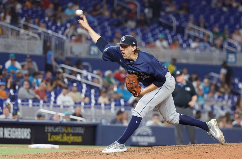 Jun 22, 2024; Miami, Florida, USA;  Seattle Mariners starting pitcher Logan Gilbert (36) pitches against the Miami Marlins in the eighth inning at loanDepot Park. Mandatory Credit: Rhona Wise-USA TODAY Sports