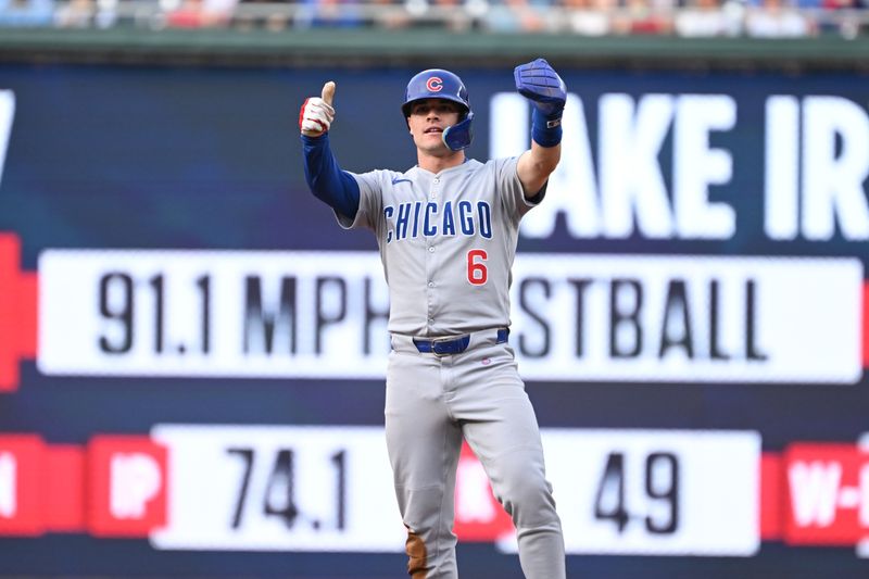 Jun 5, 2025; Washington, District of Columbia, USA; Chicago Cubs third baseman Matt Shaw (6) reacts towards his dugout after hitting a double during the second inning against the Washington Nationals at Nationals Park. Mandatory Credit: Rafael Suanes-Imagn Images