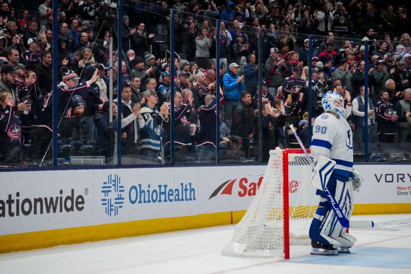 Nov 2, 2023; Columbus, Ohio, USA;  Fans cheer as time expires during the game between the Tampa Bay Lightning and the Columbus Blue Jackets in the third period at Nationwide Arena. Mandatory Credit: Aaron Doster-USA TODAY Sports