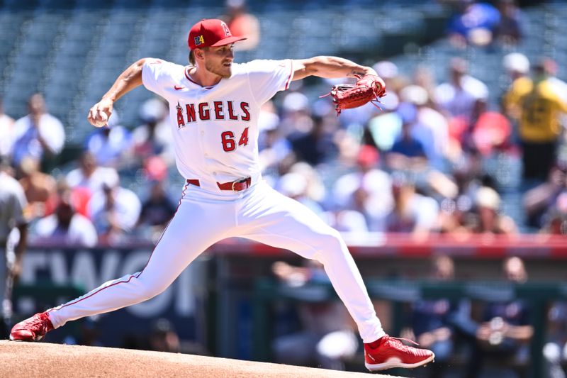 Aug 18, 2024; Anaheim, California, USA; Los Angeles Angels pitcher Jack Kochanowicz (64) throws a pitch against the Atlanta Braves during the first inning at Angel Stadium. Mandatory Credit: Jonathan Hui-USA TODAY Sports