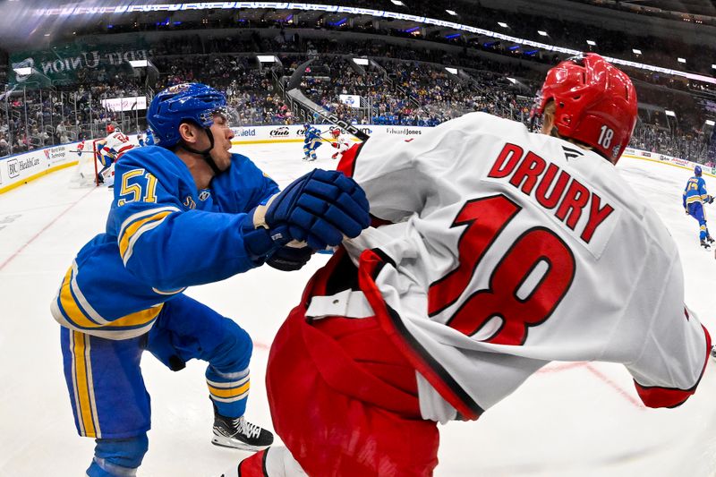 Oct 19, 2024; St. Louis, Missouri, USA;  St. Louis Blues defenseman Matthew Kessel (51) skates against Carolina Hurricanes center Jack Drury (18) during the first period at Enterprise Center. Mandatory Credit: Jeff Curry-Imagn Images