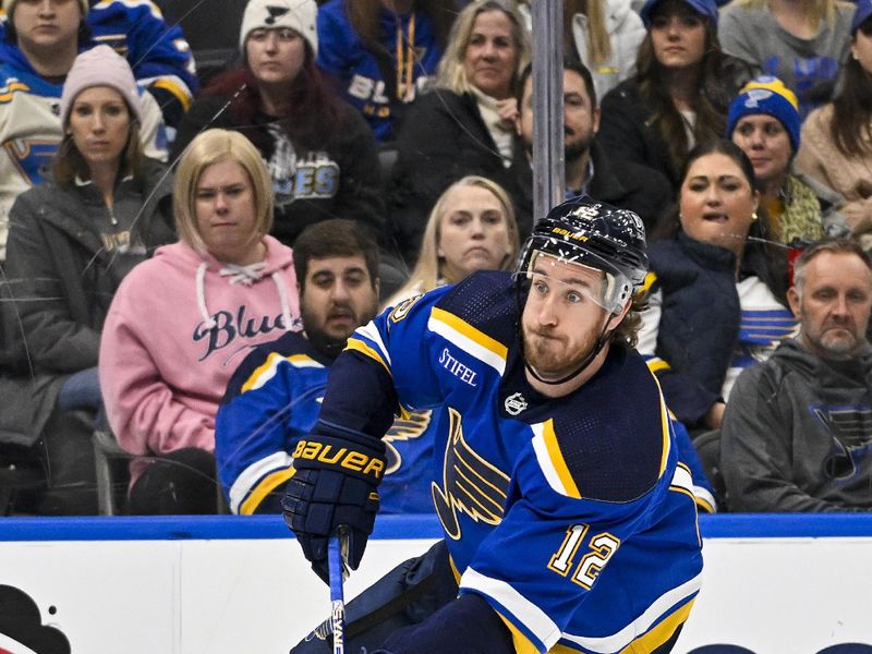 Dec 27, 2023; St. Louis, Missouri, USA;  St. Louis Blues right wing Kevin Hayes (12) shoots against the Dallas Stars during the second period at Enterprise Center. Mandatory Credit: Jeff Curry-USA TODAY Sports