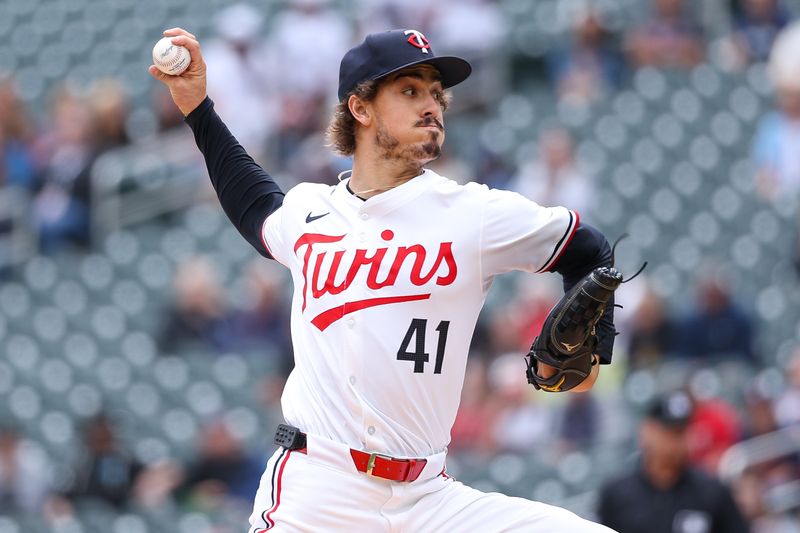 May 16, 2024; Minneapolis, Minnesota, USA; Minnesota Twins starting pitcher Joe Ryan (41) delivers a pitch against the New York Yankees during the first inning at Target Field. Mandatory Credit: Matt Krohn-USA TODAY Sports