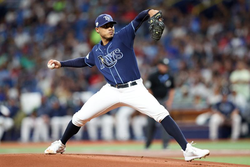 Jul 8, 2023; St. Petersburg, Florida, USA;  Tampa Bay Rays starting pitcher Taj Bradley (45) throws a pitch  against the Atlanta Braves in the first inning at Tropicana Field. Mandatory Credit: Nathan Ray Seebeck-USA TODAY Sports