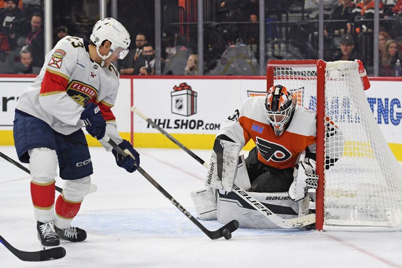 Dec 5, 2024; Philadelphia, Pennsylvania, USA; Florida Panthers center Carter Verhaeghe (23) scores a goal against Philadelphia Flyers goaltender Aleksei Kolosov (35) during the second period at Wells Fargo Center. Mandatory Credit: Eric Hartline-Imagn Images