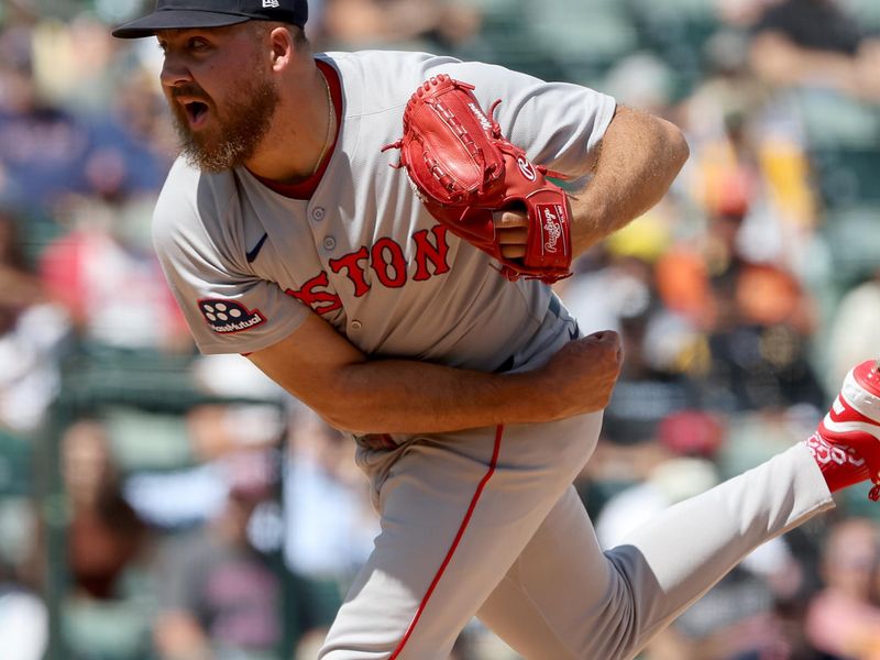 Sep 10, 2025; West Sacramento, California, USA; Boston Red Sox pitcher Greg Weissert (57) throws a pitch against the Athletics during the third inning at Sutter Health Park. Mandatory Credit: Dennis Lee-Imagn Images