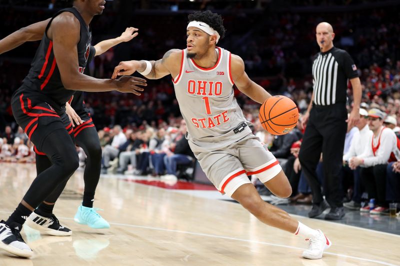 Jan 3, 2024; Columbus, Ohio, USA; Ohio State Buckeyes guard Roddy Gayle Jr. (1) dribbles the ball during the second half against the Rutgers Scarlet Knights at Value City Arena. Mandatory Credit: Joseph Maiorana-USA TODAY Sports