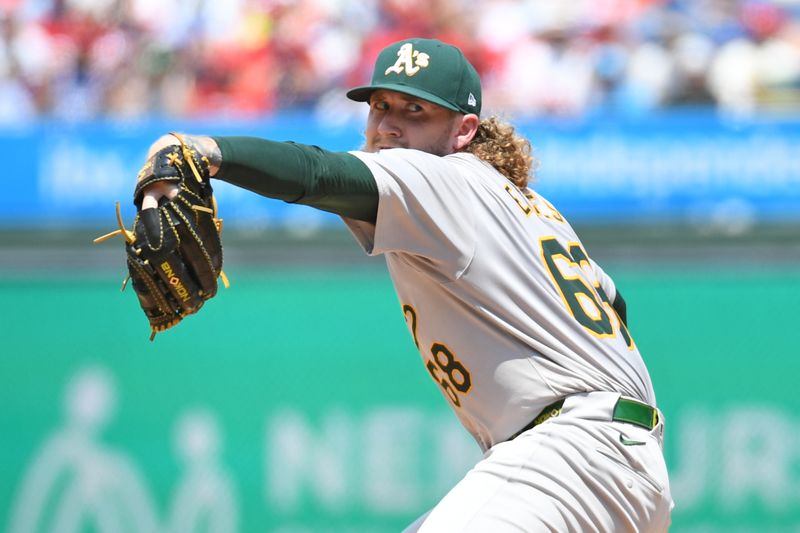 Jul 14, 2024; Philadelphia, Pennsylvania, USA; Oakland Athletics pitcher Joey Estes (68) throws a pitch during the first inning against the Philadelphia Phillies at Citizens Bank Park. Mandatory Credit: Eric Hartline-USA TODAY Sports