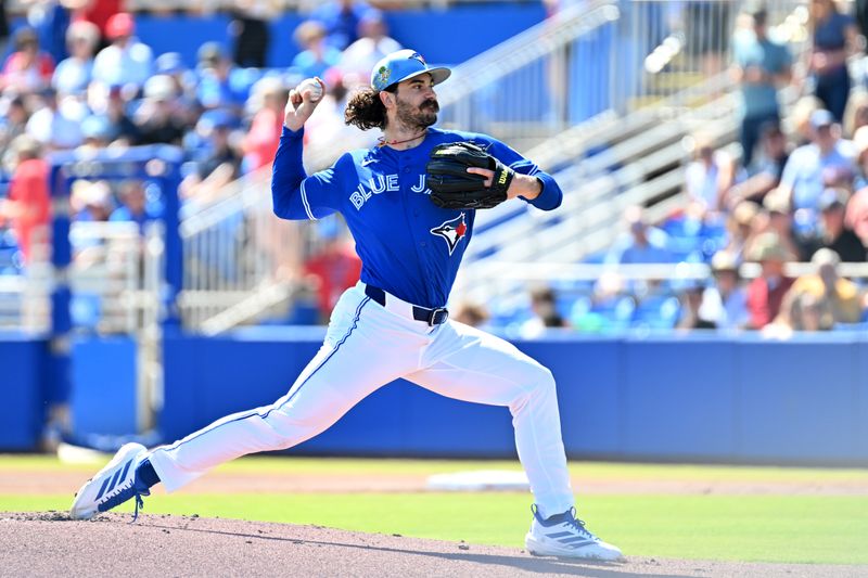 Feb 28, 2026; Dunedin, Florida, USA; Toronto Blue Jays starting  pitcher Dylan Cease (84) throws a pitch in the first inning against the Philadelphia Phillies during spring training at TD Ballpark. Mandatory Credit: Jonathan Dyer-Imagn Images