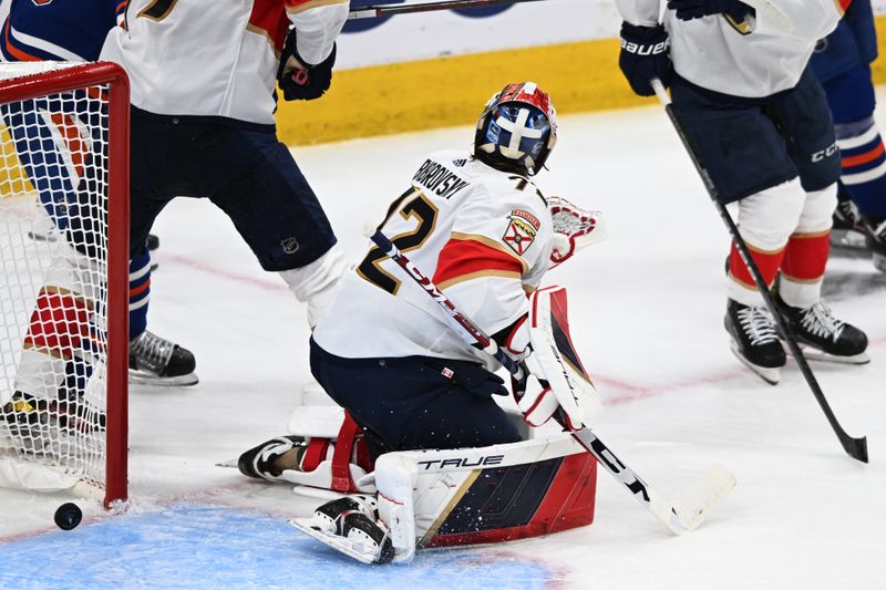 Jun 13, 2024; Edmonton, Alberta, CAN; Florida Panthers goaltender Sergei Bobrovsky (72) allows a goal in the third period against the Edmonton Oilers in game three of the 2024 Stanley Cup Final at Rogers Place. Mandatory Credit: Walter Tychnowicz-USA TODAY Sports