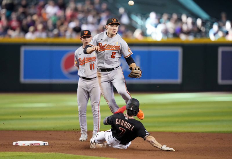 Sep 3, 2023; Phoenix, Arizona, USA; Baltimore Orioles shortstop Gunnar Henderson (2) throws to first base after forcing out Arizona Diamondbacks right fielder Corbin Carroll (7) at second base during the seventh inning at Chase Field. Mandatory Credit: Joe Camporeale-USA TODAY Sports