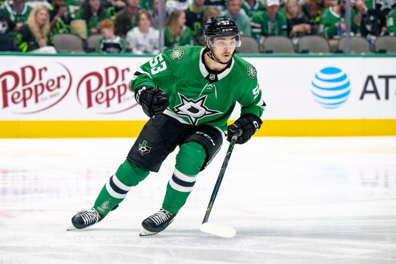 May 15, 2023; Dallas, Texas, USA; Dallas Stars center Wyatt Johnston (53) skates against the Seattle Kraken in the Seattle zone during the second period in game seven of the second round of the 2023 Stanley Cup Playoffs at the American Airlines Center. Mandatory Credit: Jerome Miron-USA TODAY Sports