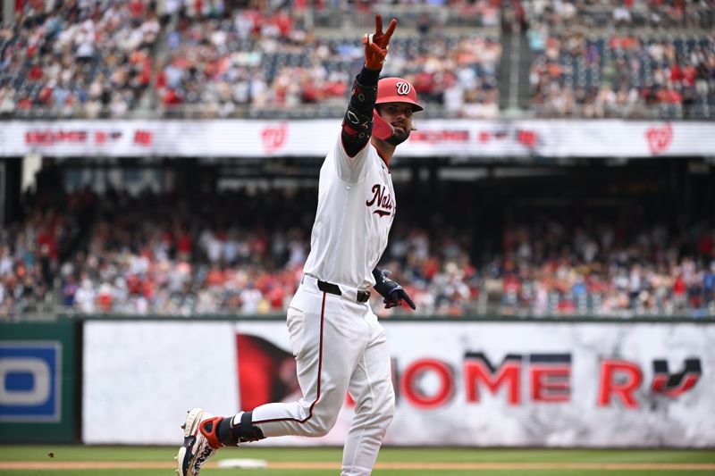 Jul 4, 2024; Washington, District of Columbia, USA; Washington Nationals left fielder Jesse Winker (6) celebrates as he rounds the bases after hitting a home run against the New York Mets during the eighth inning at Nationals Park. Mandatory Credit: Rafael Suanes-USA TODAY Sports