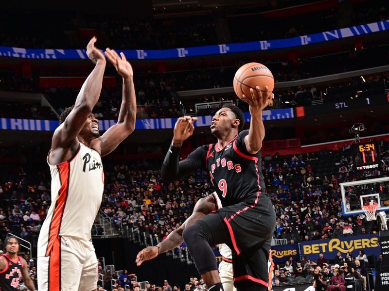 DETROIT, MI - NOVEMBER 24: RJ Barrett #9 of the Toronto Raptors drives to the basket during the game against the Detroit Pistons on November 24, 2024 at Little Caesars Arena in Detroit, Michigan. NOTE TO USER: User expressly acknowledges and agrees that, by downloading and/or using this photograph, User is consenting to the terms and conditions of the Getty Images License Agreement. Mandatory Copyright Notice: Copyright 2024 NBAE (Photo by Chris Schwegler/NBAE via Getty Images)