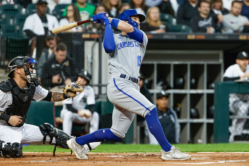 Sep 13, 2023; Chicago, Illinois, USA; Kansas City Royals second baseman Michael Massey (19) hits a two-run home run against the Chicago White Sox during the second inning at Guaranteed Rate Field. Mandatory Credit: Kamil Krzaczynski-USA TODAY Sports