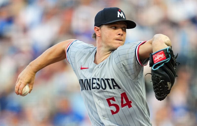 Jul 28, 2023; Kansas City, Missouri, USA; Minnesota Twins starting pitcher Sonny Gray (54) pitches during the first inning against the Kansas City Royals at Kauffman Stadium. Mandatory Credit: Jay Biggerstaff-USA TODAY Sports