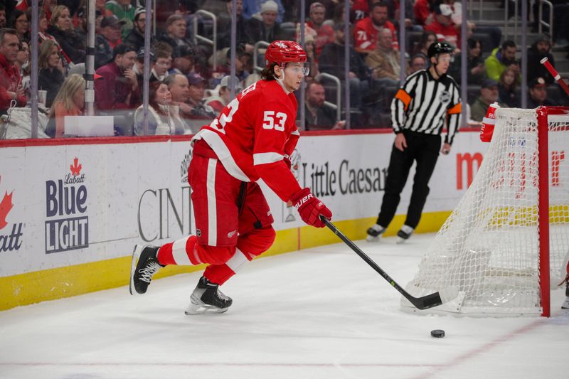 Mar 18, 2023; Detroit, Michigan, USA; Detroit Red Wings defenseman Moritz Seider (53) handles the puck during the first period at Little Caesars Arena. Mandatory Credit: Brian Bradshaw Sevald-USA TODAY Sports