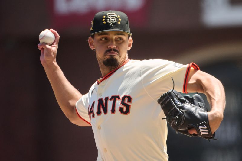 May 19, 2024; San Francisco, California, USA; San Francisco Giants starting pitcher Jordan Hicks (12) throws a pitch against the Colorado Rockies during the first inning at Oracle Park. Mandatory Credit: Robert Edwards-USA TODAY Sports